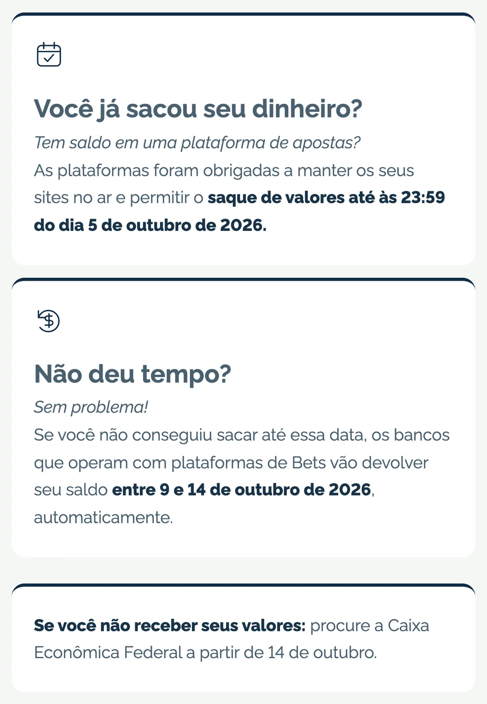 Quadros da página brasilsembets.gov.br com o prazo de 05/10/2026, a devolução pelos bancos e a Caixa
