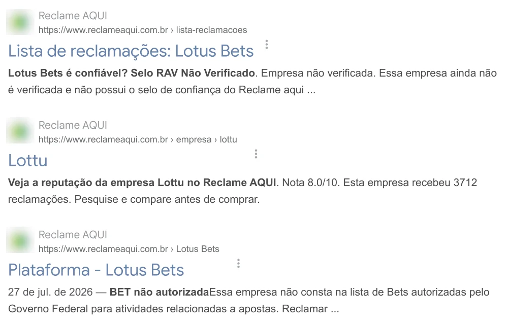 Três trechos do Google: selo não verificado do Lotus Bets, nota 8.0 da Lottu e aviso de bet não autorizada